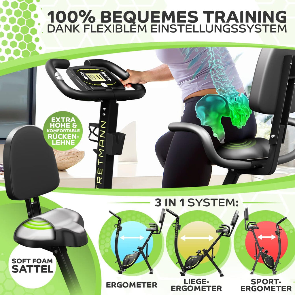 Tretmann NUEVA Bicicleta estática plegable 3 en 1 - extra silenciosa y cómoda - [SoftFoam] probada por DEKRA - con acceso bajo, bicicleta ergómetro para el hogar, bicicletas de fitness plegables