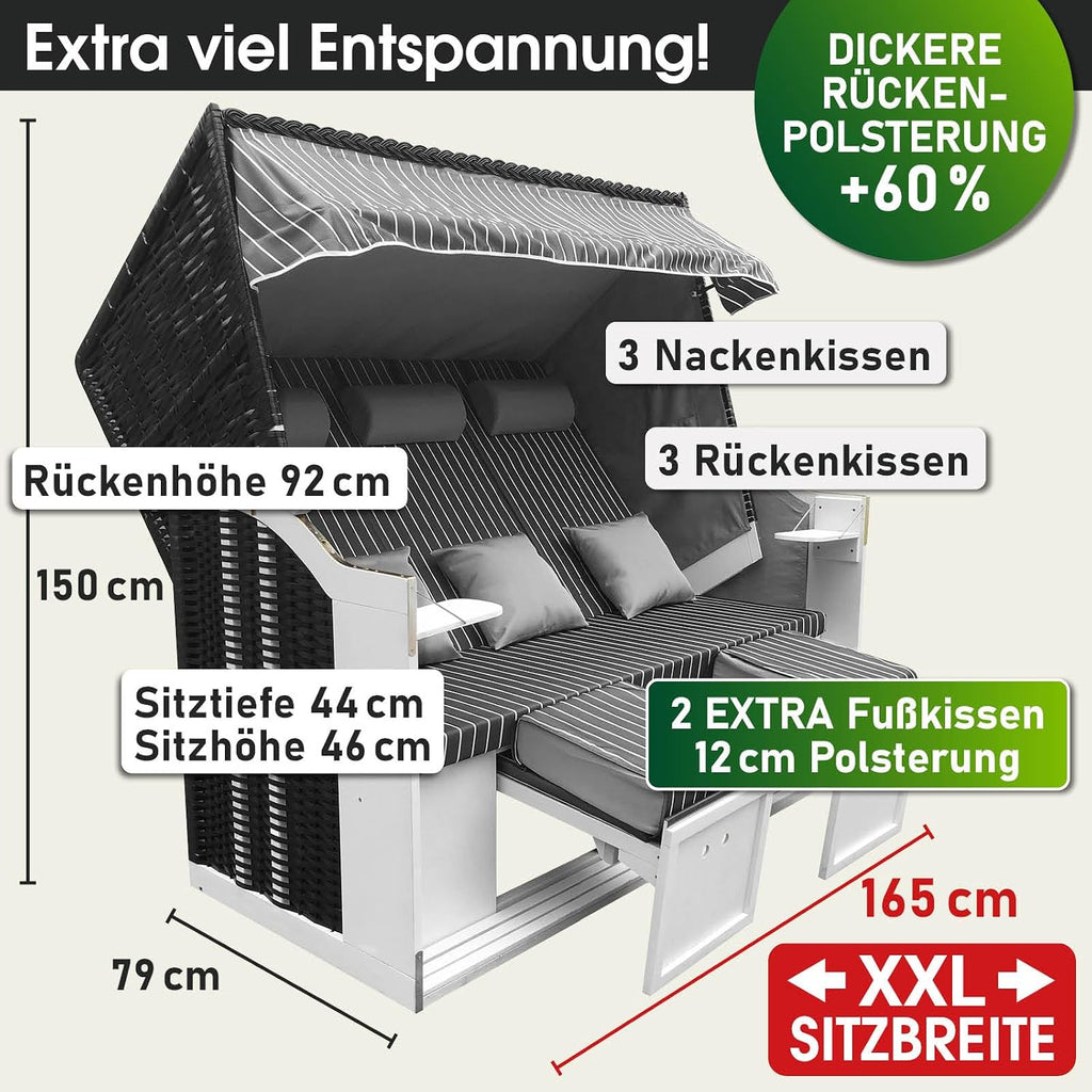 BRAST® Cesta de playa Usedom XXL de 3 plazas para 2-3 personas | 165 cm de ancho | 5 diseños | incluye funda impermeable | respaldo ajustable, cojines para los pies | antracita/gris - a rayas