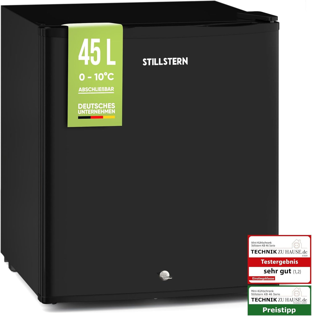 Mininevera Stillstern E 45L con descongelación automática, cerradura, compartimento de congelación, silenciosa, ideal para cocina, oficina, dormitorio, hoteles y apartamentos pequeños, frigorífico pequeño, minibar, nevera para bebidas