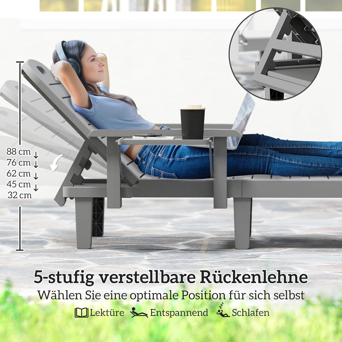 Outsunny Set de 2 tumbonas de jardín con mesa auxiliar, aspecto de madera, respaldo ajustable en 5 posiciones, silla de jardín resistente a la intemperie, carga máx. 120 kg, para jardín, exterior, playa, gris oscuro