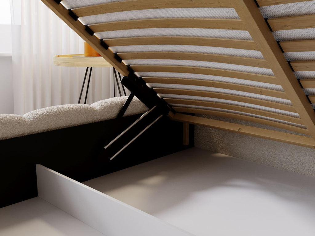 Cama tapizada GRAINGOLD Cloud 180x200 con arcón, cama tapizada con espacio de almacenamiento, tela de bouclé, con somier, con cabecero, sin colchón (beige, 180x200)