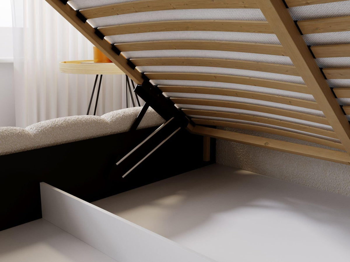 Cama tapizada GRAINGOLD Cloud 180x200 con arcón, cama tapizada con espacio de almacenamiento, tela de bouclé, con somier, con cabecero, sin colchón (beige, 180x200)