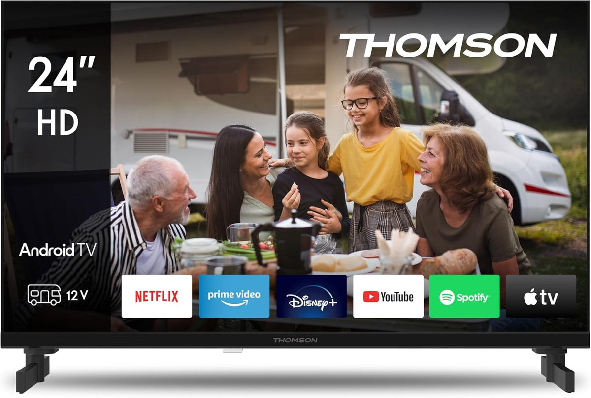THOMSON 24 pulgadas (60 cm) LED HD 12V Smart TV Android para camping, Google Assistant, Wi-Fi, Dolby Digital, Bluetooth, triple sintonizador (cable, satélite, antena), HDMI, CI, panel A - 24HA2S13C