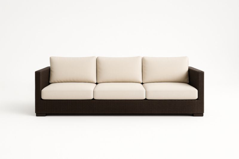 Sofá de 3 plazas de resina marrón con cojines color crema