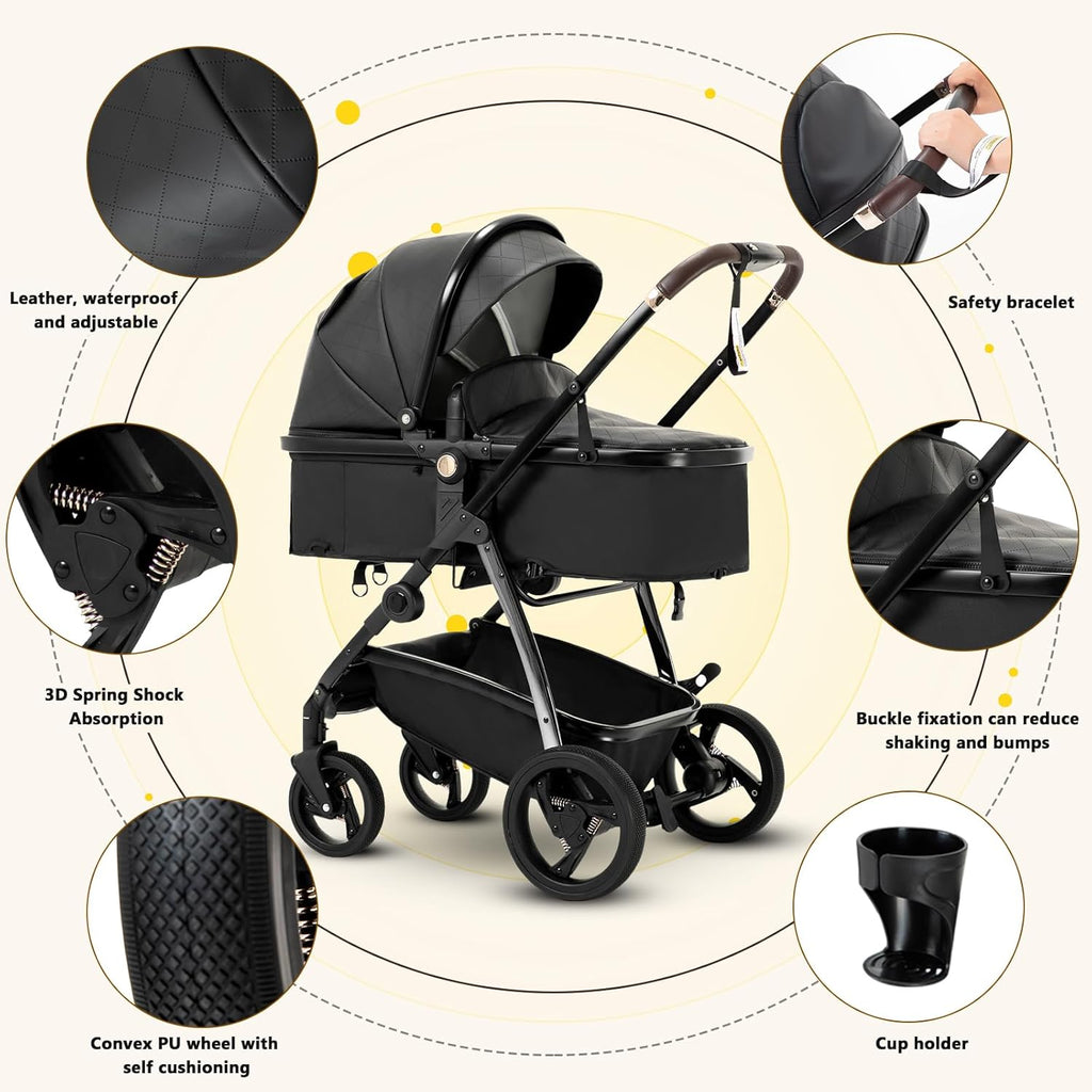 Cochecito 3 en 1 Gcarebb, silla de paseo con portabebés, cochecito completo con altura ajustable, cochecito combinado con marco de aluminio para recién nacidos de 0 a 4 años