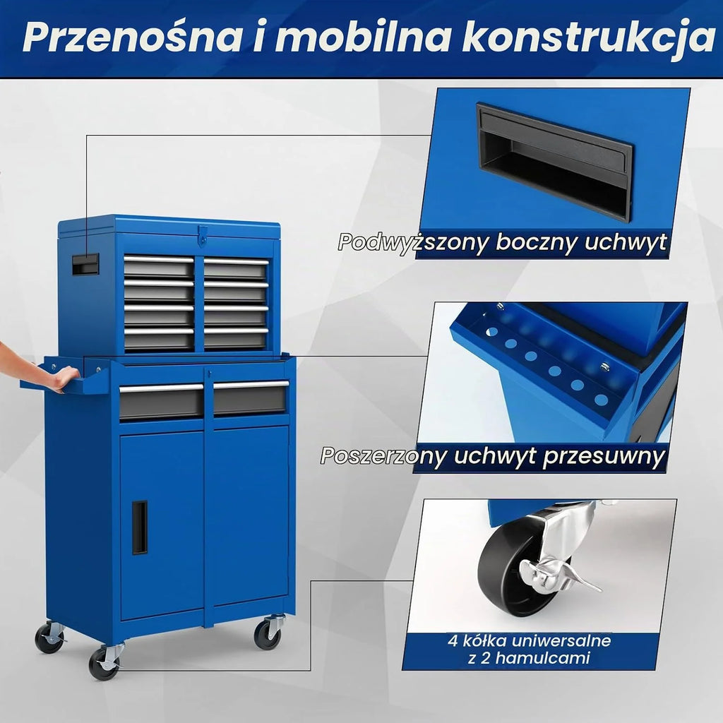 GOPLUS Metalowa szafka narzędziowa 2 w 1, wózek narzędziowy z kółkami, skrzynka narzędziowa, 5 szuflad, haki, regulowana półka i antypoślizgowa podszewka do warsztatu garażowego (niebieski)