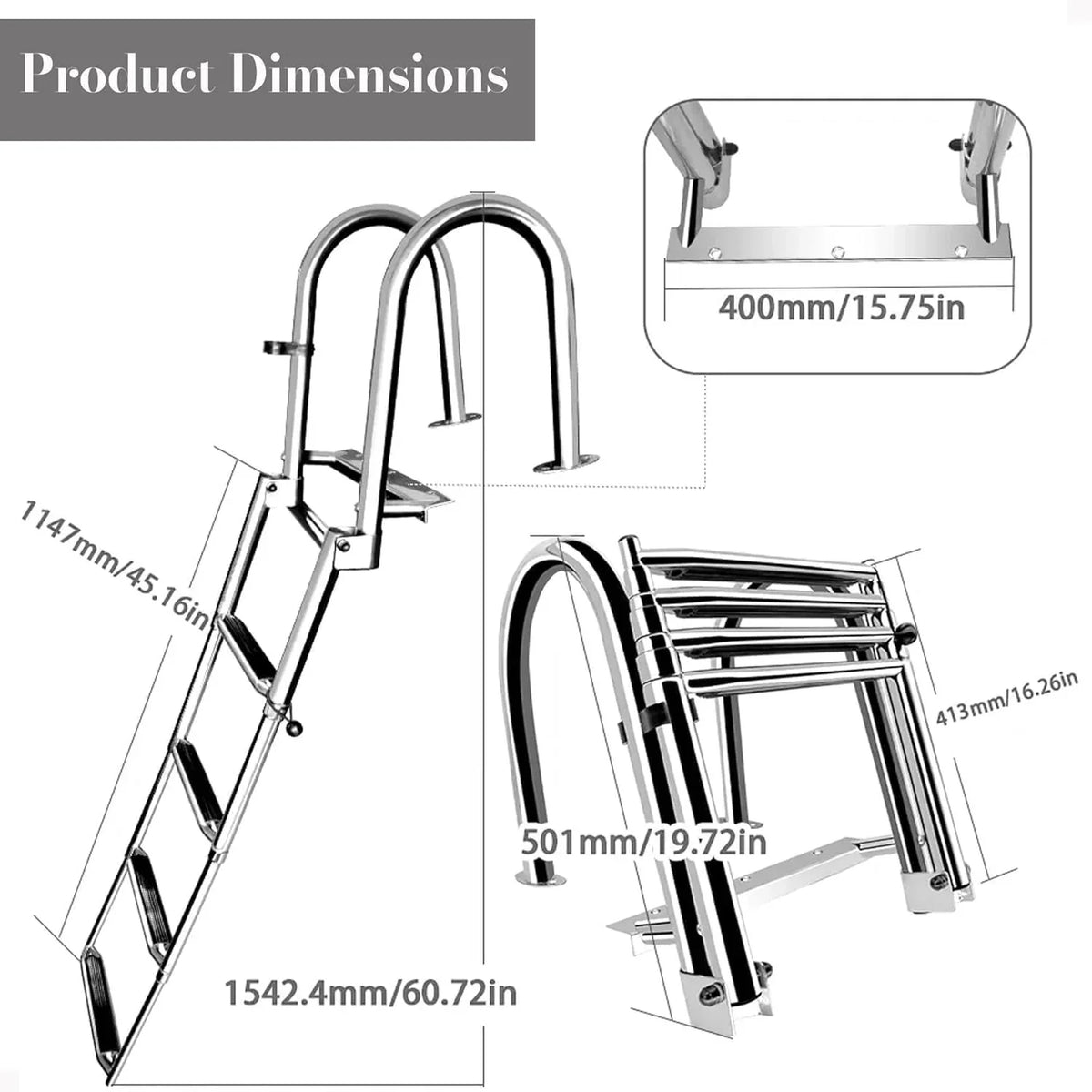 Escalera de barco plegable de acero inoxidable de 4 peldaños para barco, piscina y yate, con peldaños antideslizantes, pasamanos y capacidad de carga de 150 kg