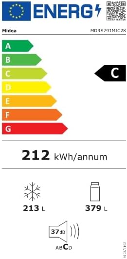 Midea KS-DDX 6.32 WT Frigorífico americano / 178,8 cm de altura / 254 kWh/año / No Frost / Compresor Dual Inverter / con dispensador de agua/hielo 3 en 1 y depósito de agua, Dark Inox