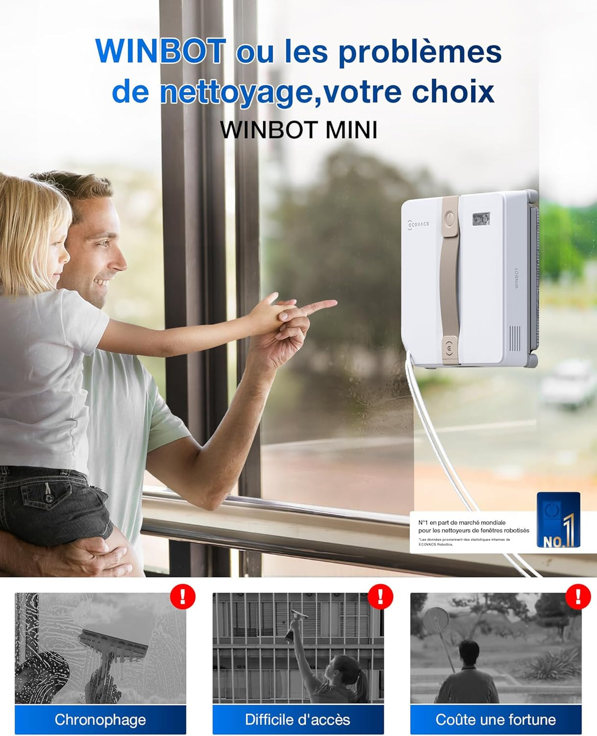 Robot limpiacristales ECOVACS WINBOT Mini, diseño compacto, boquillas dobles con pulverización ultrasónica, sistema de protección de 9 etapas, planificación inteligente de la trayectoria, blanco