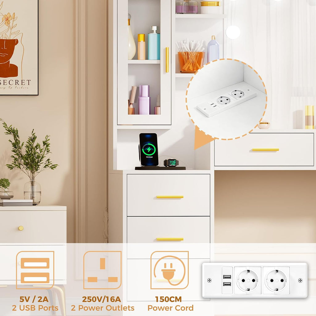 ANWBROAD 150cm Tocador grande con iluminación LED ajustable de 3 colores y enchufes, tocador moderno con espejo, 8 cajones, 6 estantes abiertos, mesa de maquillaje blanco BDT67W