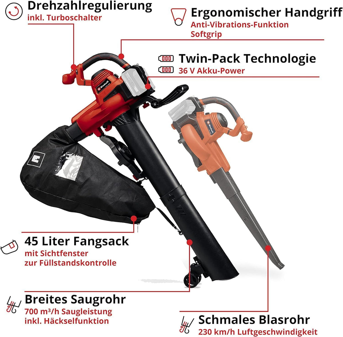 Aspirador/soplador de hojas a batería Einhell GE-CL 36/230 Li E-Solo Power X-Change (iones de litio, 18 voltios, función de aspiración/soplado, interruptor turbo, incluye tubo de aspiración + tubo de soplado, sin batería ni cargador)