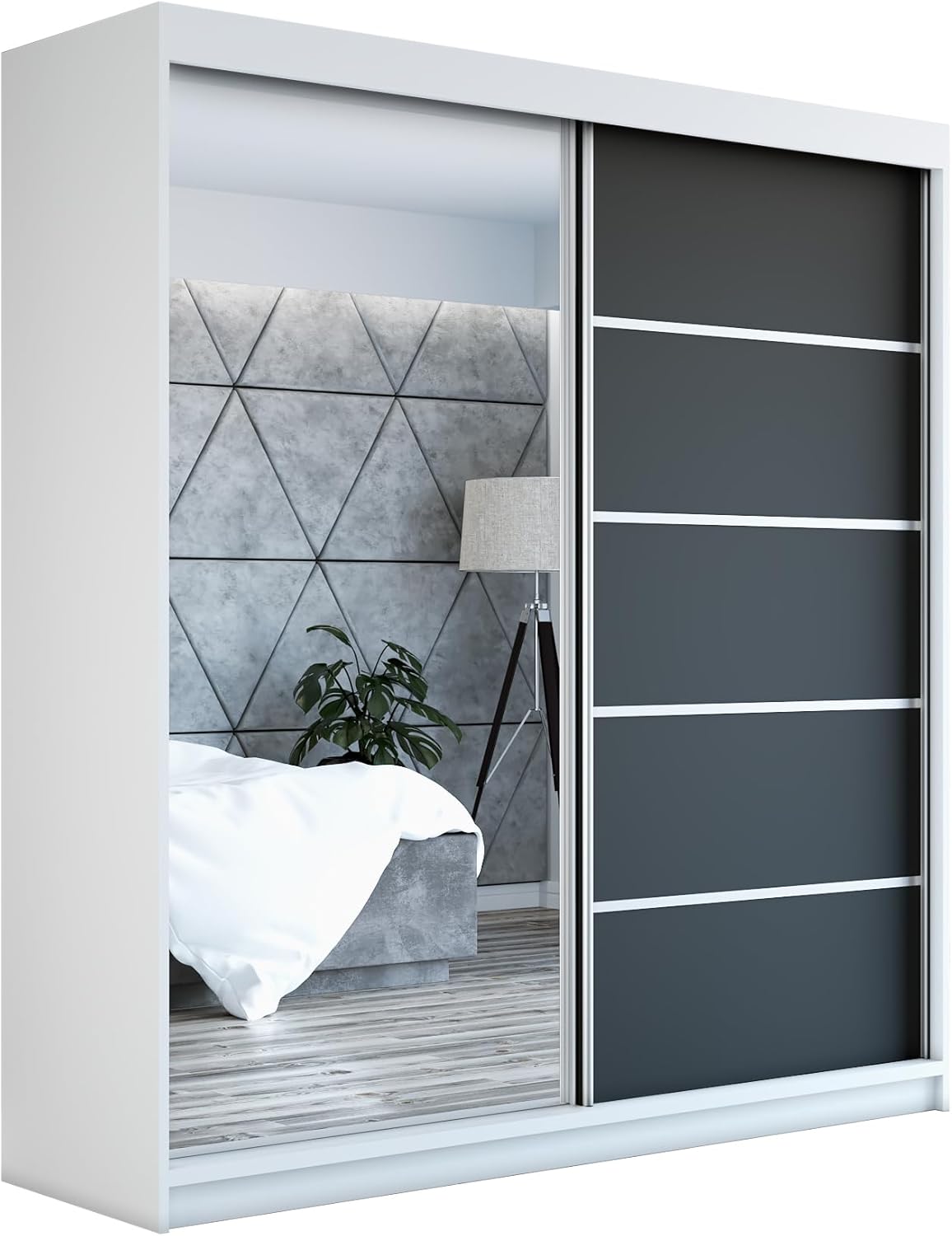 A&J MöbelLand Armario con puertas correderas GAPI, armario de 2 puertas con espejo, ropero de 160 cm (blanco/negro/negro)