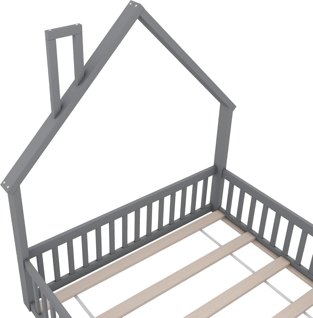 Cama infantil al suelo Merax 140x200 cm, cama casita con protección anticaídas y somier, forma de chimenea, valla abatible - Cama Montessori, cama juvenil, estructura de cama de madera (sin colchón), gris