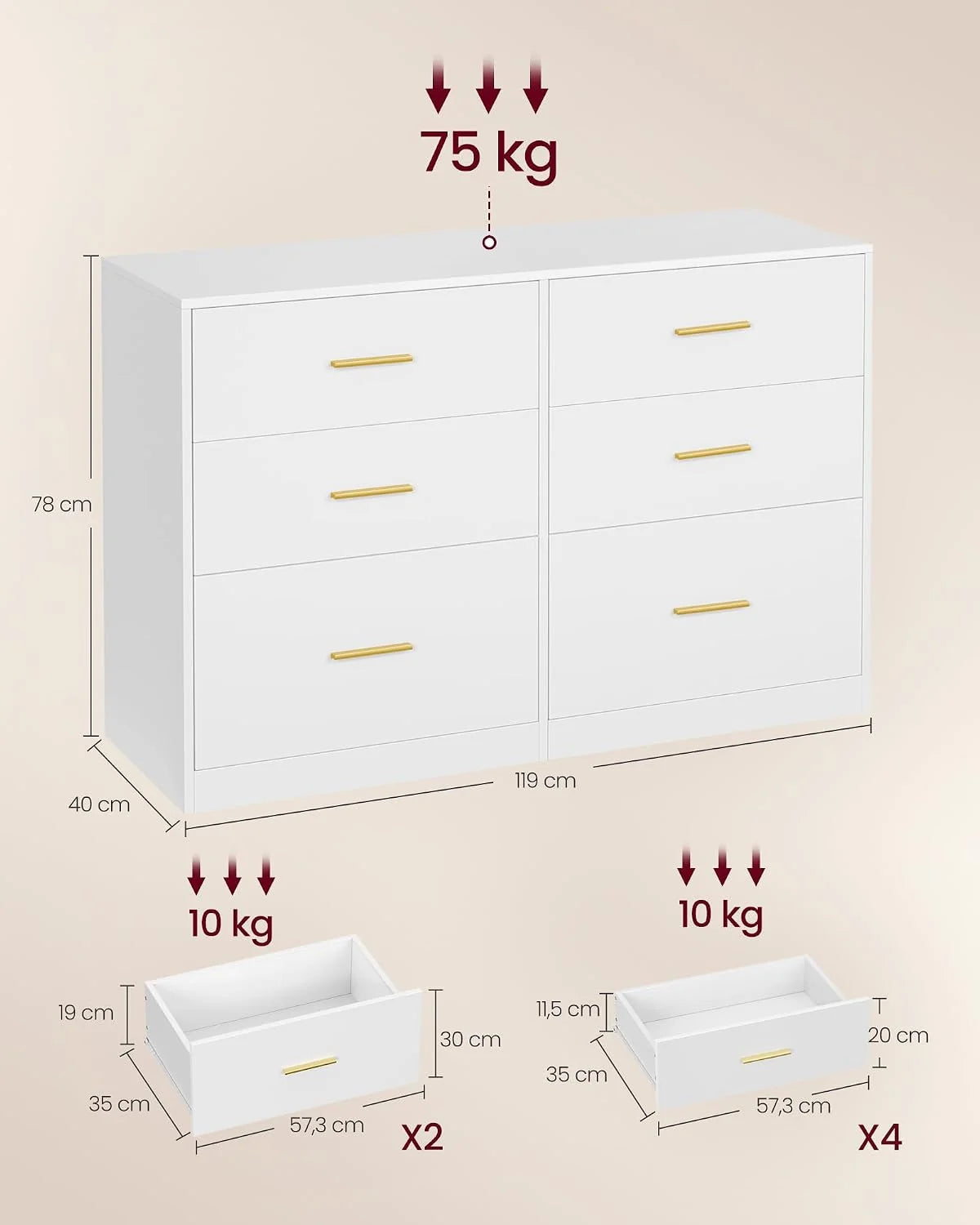 VASAGLE Kolekcja Custos - komoda, szafka na komodę, nowoczesna, kredens, szafka do przechowywania, do salonu, sypialni, 6 szuflad, 40 x 119 x 78 cm, biała chmurka LTS416WB01