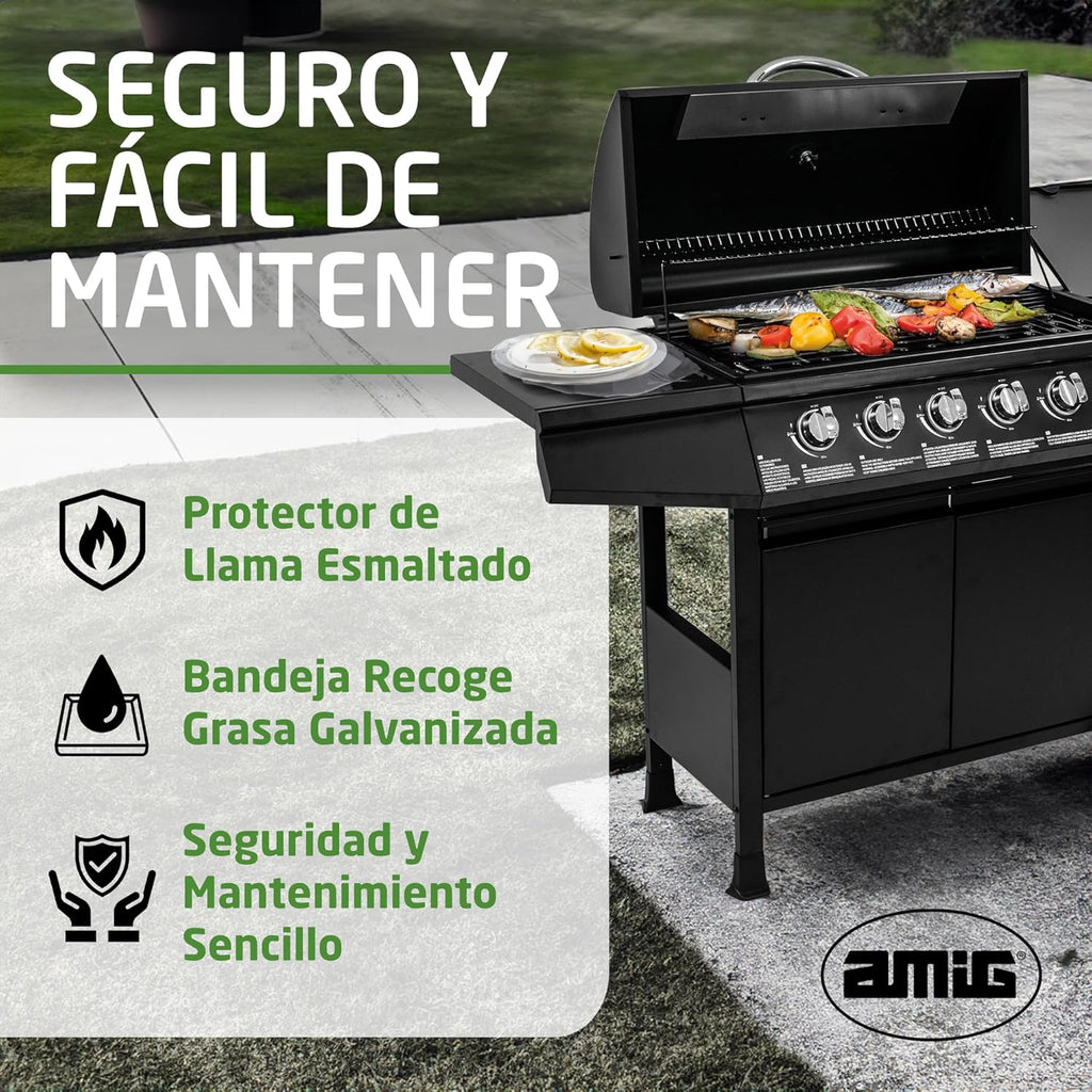 Barbacoa de gas Fireplus 6+1 de 12,9 kW - Acero inoxidable negro - Parrilla con ruedas Modelo GRILL-6F - Barbacoa XXL con carro y termómetro - 138x52x103 cm - 7 quemadores y bandeja lateral