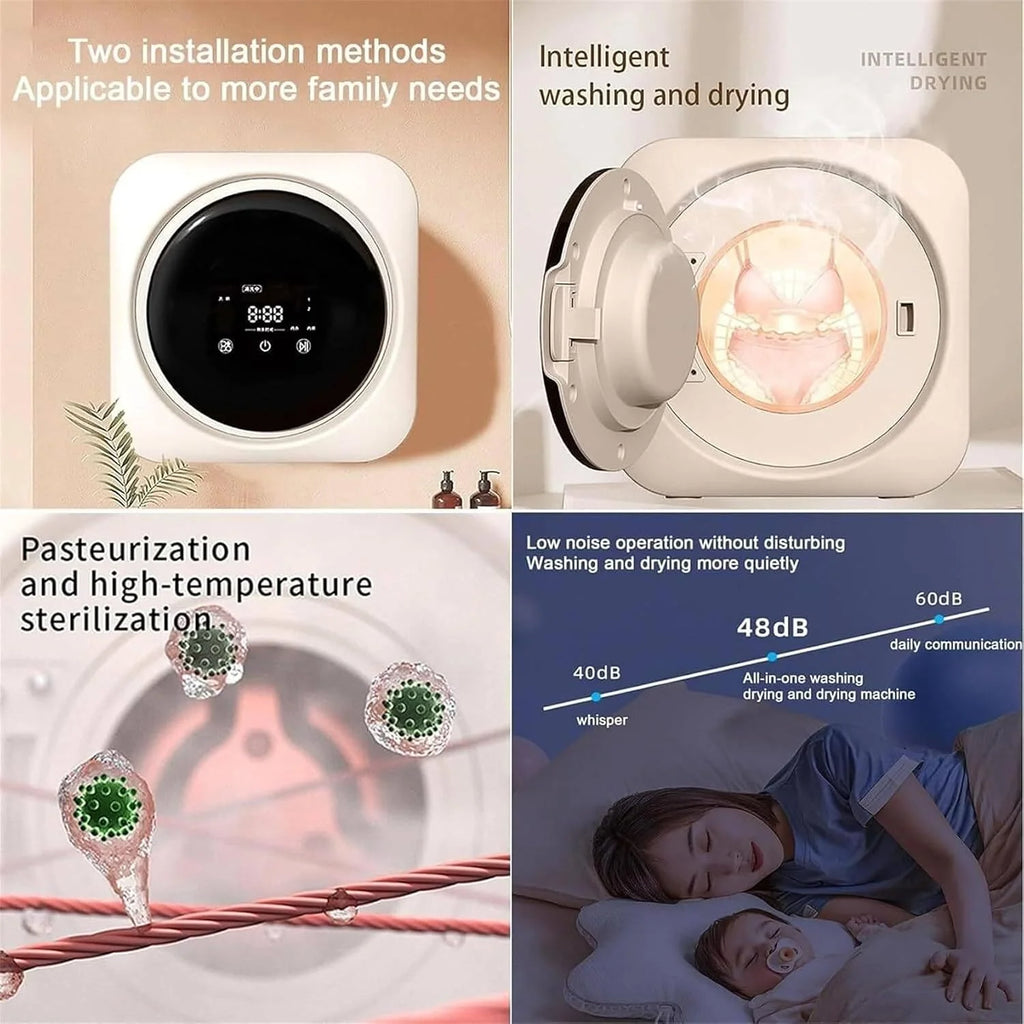 Automatyczna mini pralka, montowana na ścianie, pojemność 3 kg, w pełni automatyczna z suszeniem w wysokiej temperaturze w 95°C - idealna do akademików i mieszkań wakacyjnych