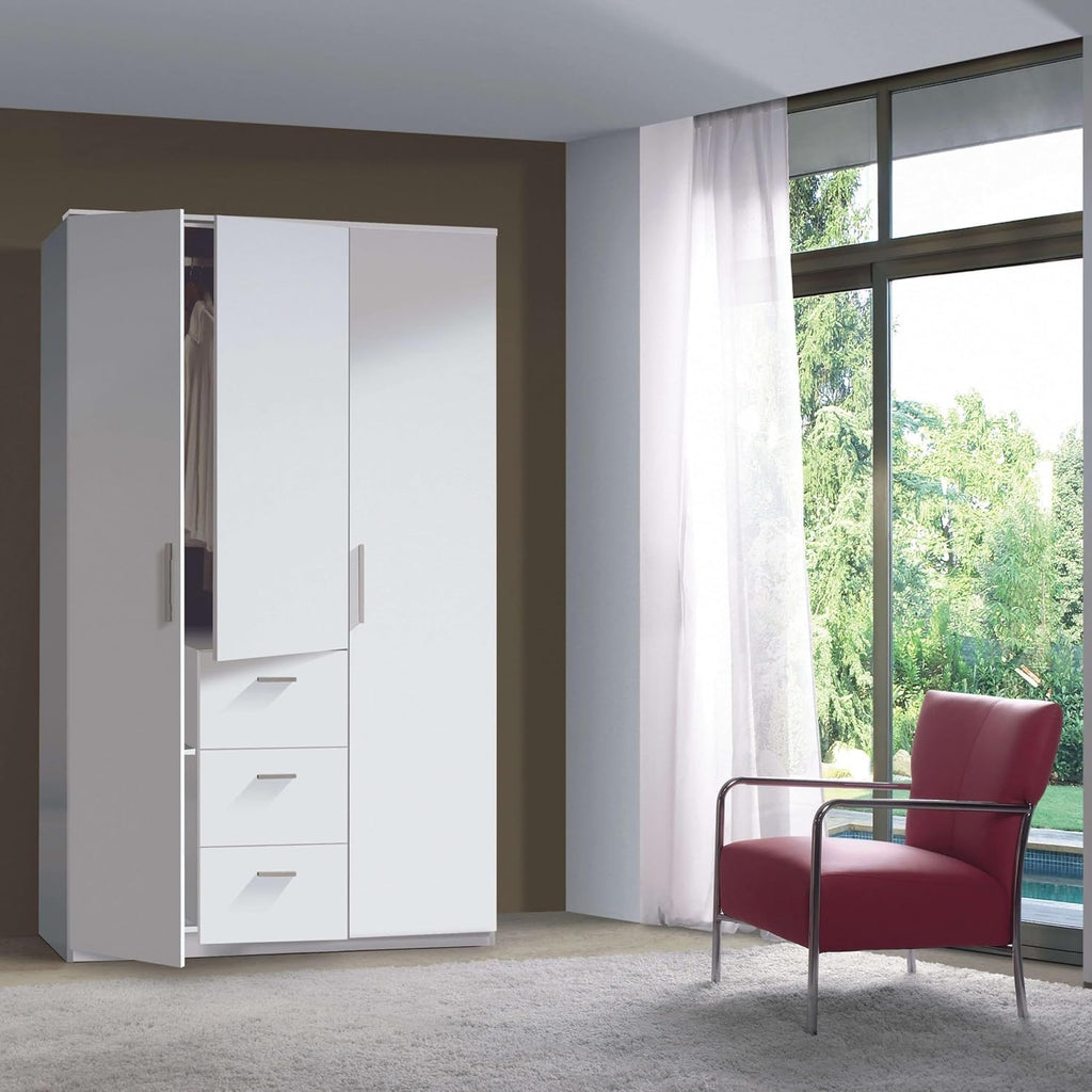 Habitdesign Armario Ropero 3 puertas y 3 cajones, 203x117x52 (alto x ancho x fondo - en cm), con barra de colgar y estantes, color blanco brillo