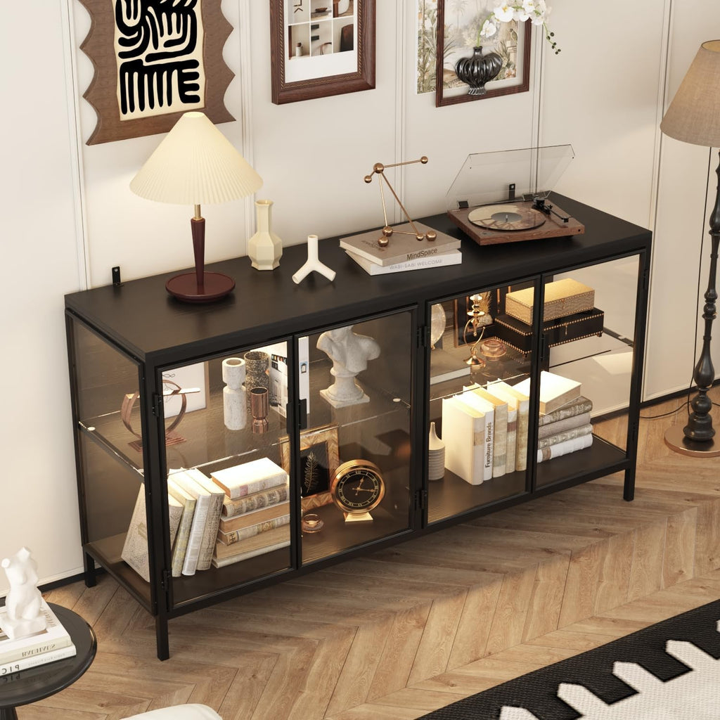Vitrina moderna Caldion con iluminación LED, 140×40×75 cm, armario expositor de vidrio templado y MDF, hierro, vitrina de cristal con iluminación de 3 colores, para salón, oficina