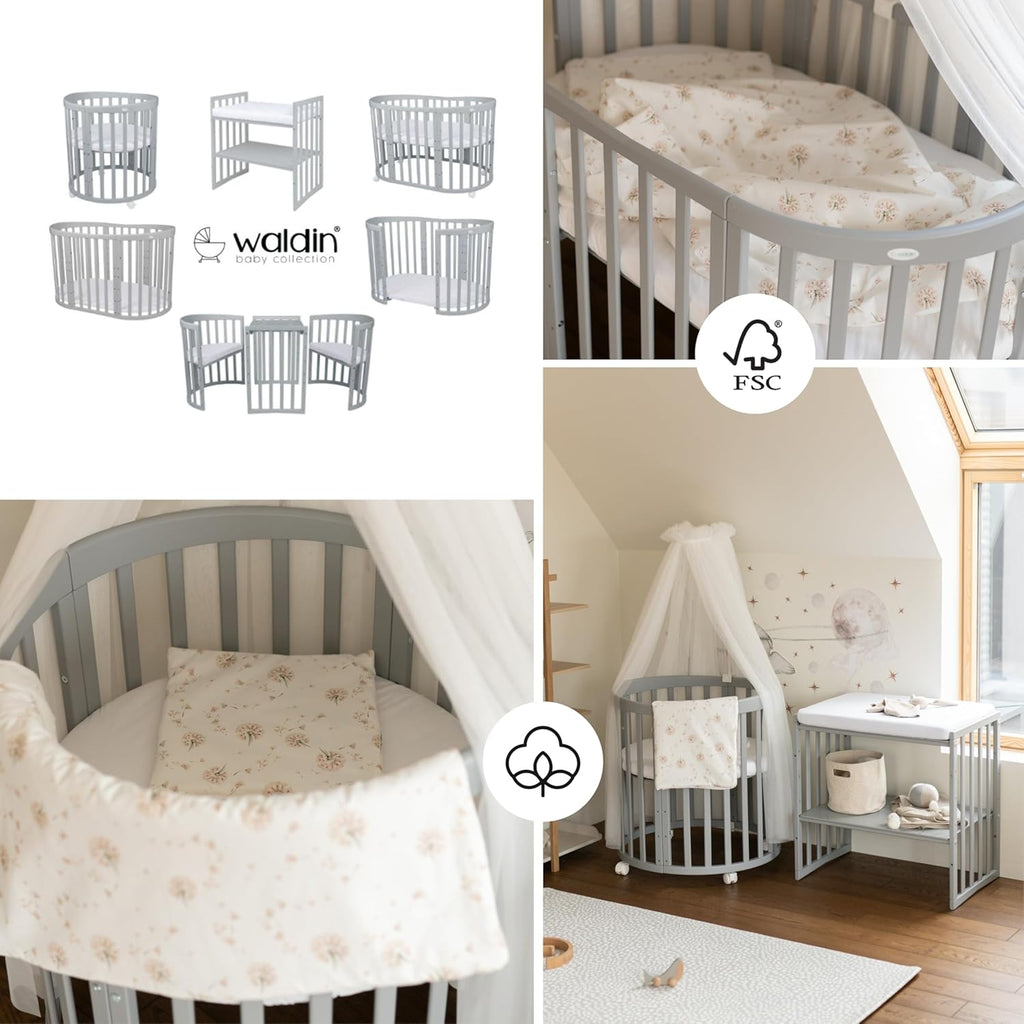 Cuna ovalada evolutiva Waldin, set completo 7 en 1, cuna de barrotes, cama infantil con colchón, cambiador, cuna colecho, madera blanca