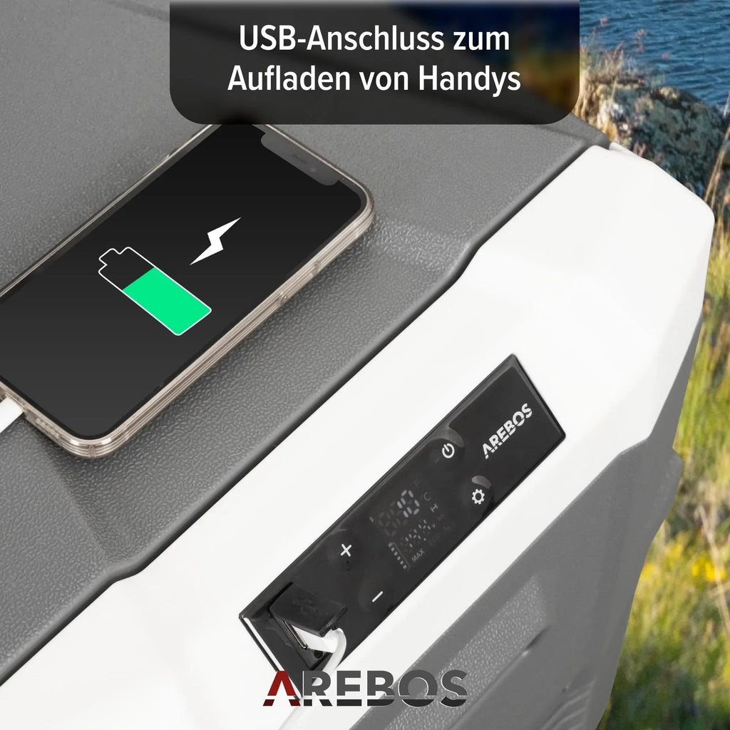 Nevera de compresor Arebos 35 litros con control inteligente por app, USB, hasta -20°C, 12V 24V 230V, para coche, camión, camping, barco y autocaravana