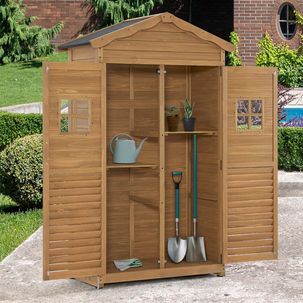 Armario de jardín MCombo, caseta de madera resistente a la intemperie, armario para herramientas de exterior, para jardín y terraza, cobertizo con 2 estantes móviles, 57×109×180 cm, 1152 (natural)