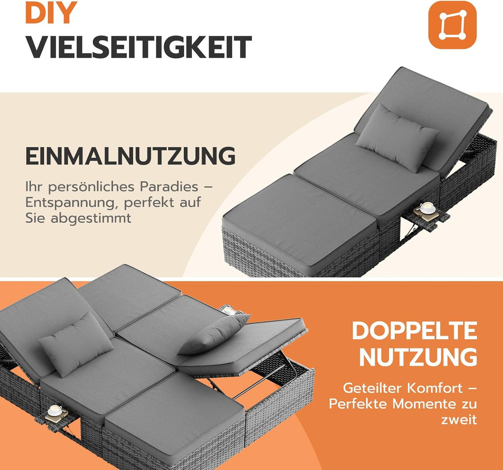 Tumbona doble Amopatio para 2 personas con mesa plegable, resistente a la intemperie, capacidad de carga de 200 kg, 200x160x30 cm, tumbona de jardín XXL de ratán, chaise longue ajustable para jardín, balcón y terraza, gris