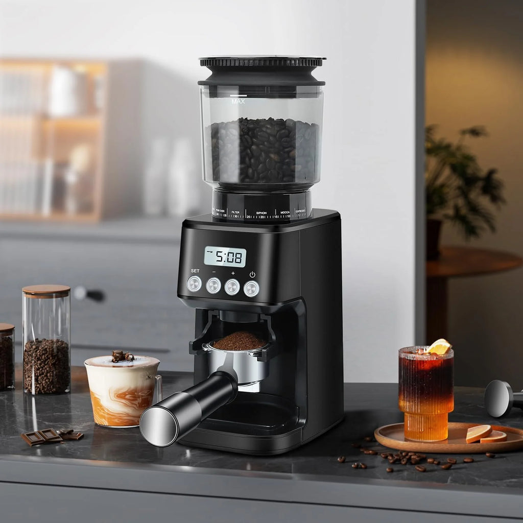 Homtone Stożkowy młynek do kawy elektryczny do portafiltra i pojemnika, 51 ustawień mielenia, regulowany młynek do kawy, do nalewania, espresso, prasy francuskiej, antystatyczny, 12 filiżanek, czarny