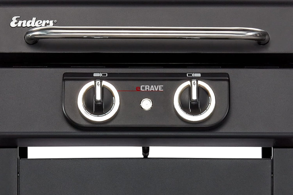 Barbacoa eléctrica Enders eCRAVE 2, con parrilla de hierro fundido, carrito con amplio espacio de almacenamiento, sistema de limpieza SIMPLE CLEAN™, 2 potentes elementos calefactores, tapa de cocción estable con termómetro integrado #97116