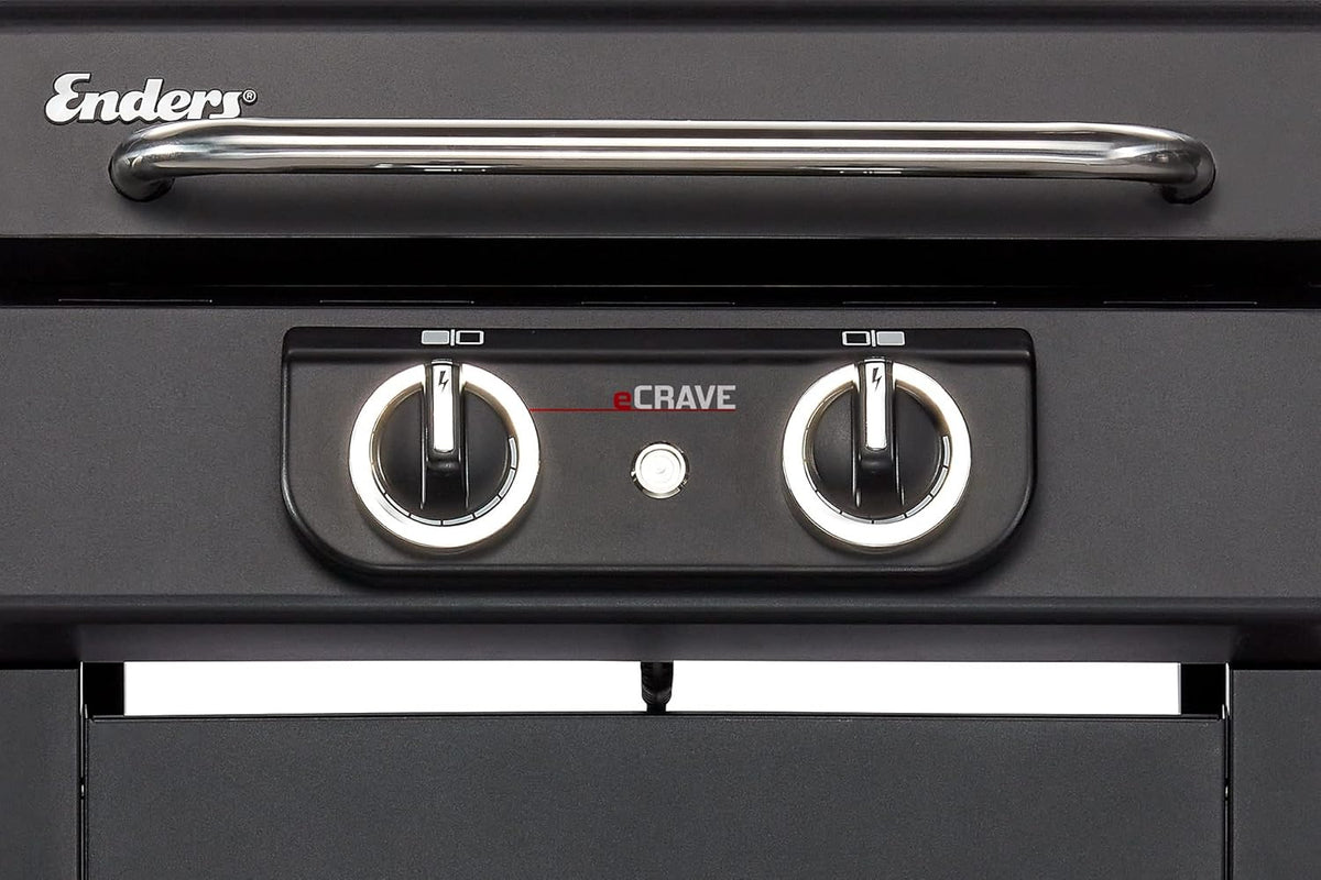 Barbacoa eléctrica Enders eCRAVE 2, con parrilla de hierro fundido, carrito con amplio espacio de almacenamiento, sistema de limpieza SIMPLE CLEAN™, 2 potentes elementos calefactores, tapa de cocción estable con termómetro integrado #97116