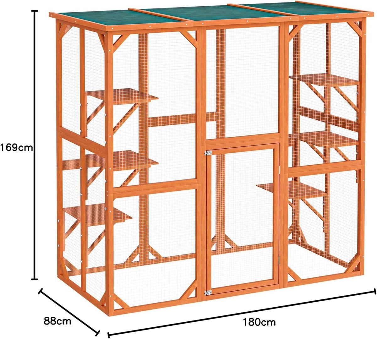 Recinto exterior para gatos Wiltec 168 x 82 x 166,5 cm con 6 superficies de descanso, recinto para gatos resistente a la intemperie para jardín, caseta para gatos con malla de alambre y techo de betún