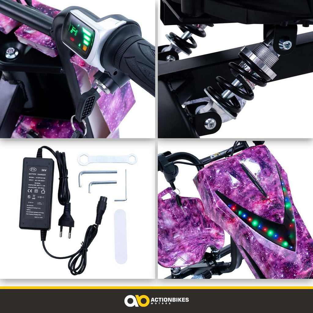 Actionbikes Motors Patinete Eléctrico Infantil para Derrapes | Motor de 𝟐𝟓𝟎 W - Carrito de Derrape 360° - 3 Niveles de Velocidad - Iluminación LED - Asiento Ajustable - Bluetooth - Kart de Derrape - Coche de Derrape (Space Purple)
