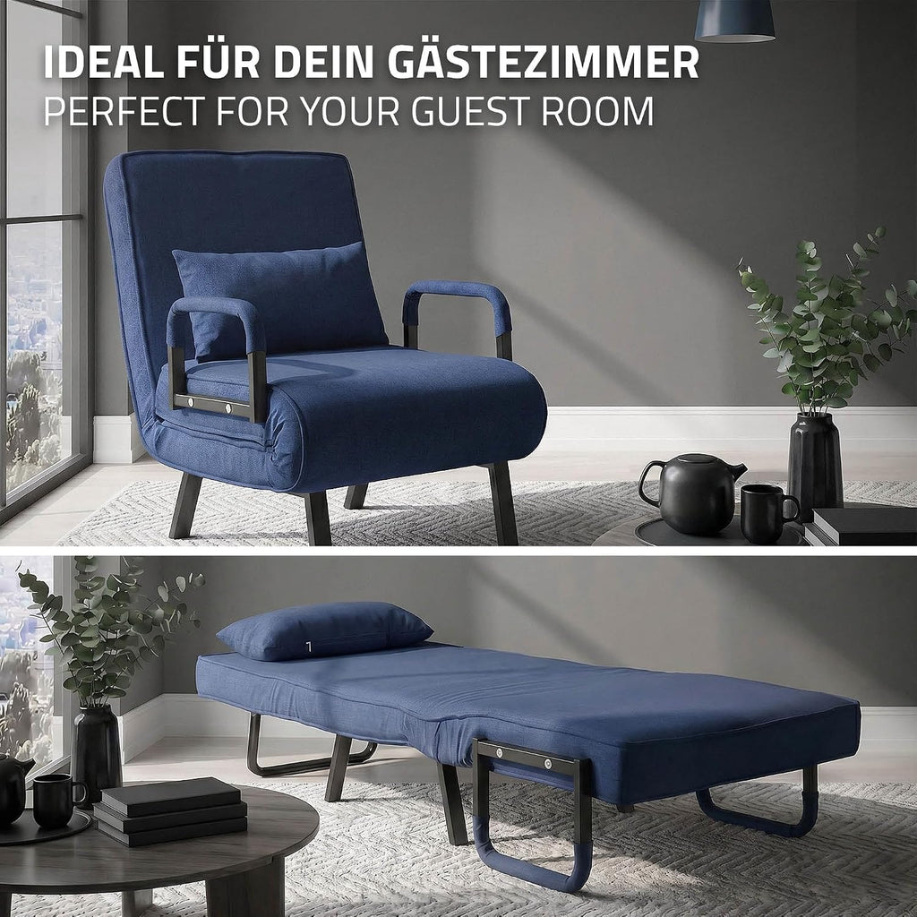 ML-Design Fotel Rozkladany 3 w 1 z Funkcja Spania, Skladany z Regulowanym Oparciem, Rozkladana Sofa dla Gosci, Lózko Jednoosobowe, Stelaz Stalowy, Miekka Tkanina Chenille, Wygodny do Salonu, Niebieski