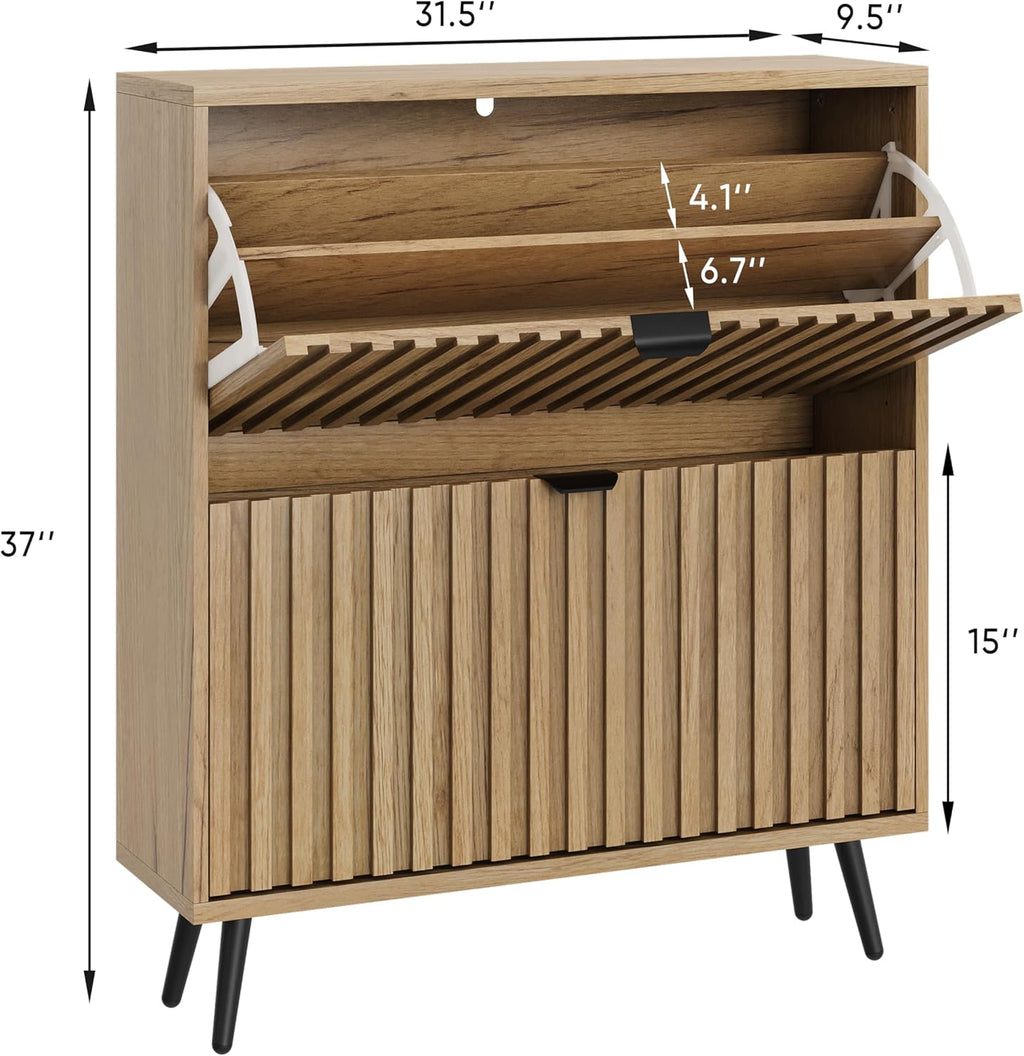 Zapatero Smuxee con 2 cajones abatibles, 80 cm, zapatero oculto natural con diseño estriado, organizador de zapatos independiente para entrada, pasillo, armario, sala de estar