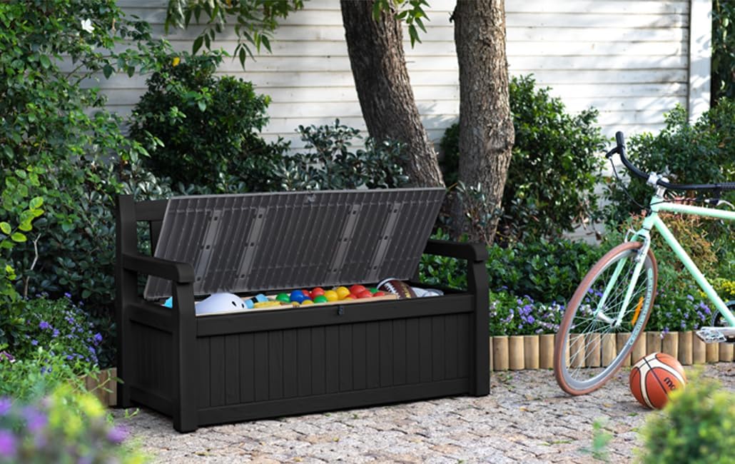 Banco de jardín Keter Eden para balcón y jardín, banco con arcón integrado de 265 l de capacidad, 140x60x84 cm, resistente a la intemperie, de fácil mantenimiento, gris, exterior, efecto madera