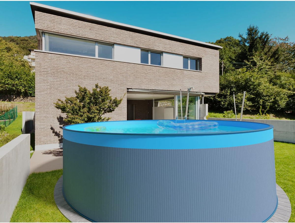 Set de piscina de pared de acero Planet Pool (5 piezas) redondo 450x120 cm, acero 0,4 mm antracita, lámina 0,3 mm azul, solapado