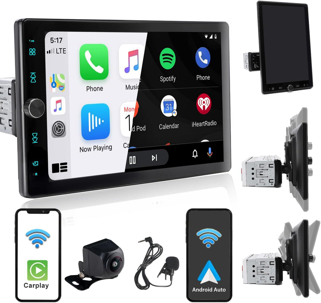 Autorradio Alondy 1 DIN con pantalla táctil giratoria de 10,4 pulgadas compatible con Apple CarPlay/Android Auto [inalámbrico], Bluetooth, cámara de marcha atrás, radio AM/FM RDS, USB, AUX y SD