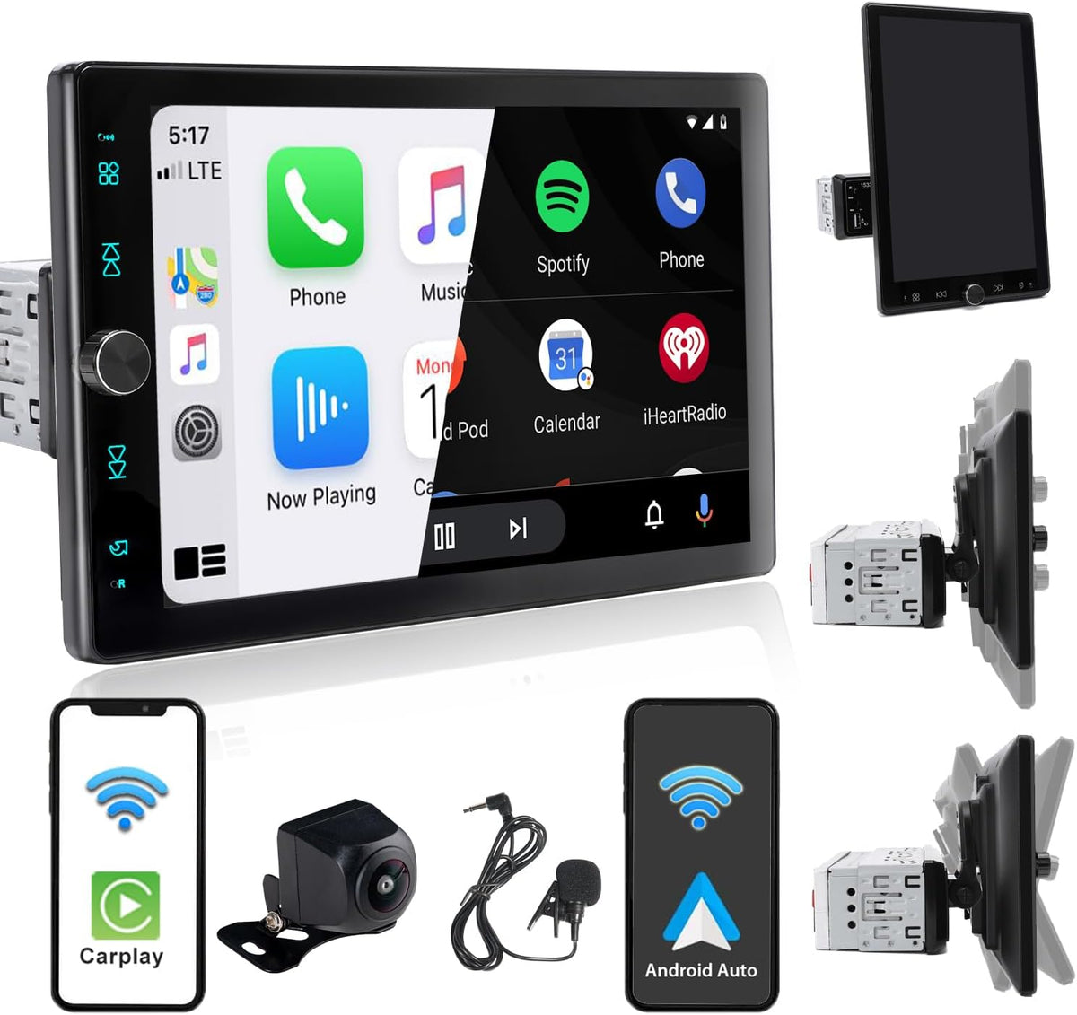 Autorradio Alondy 1 DIN con pantalla táctil giratoria de 10,4 pulgadas compatible con Apple CarPlay/Android Auto [inalámbrico], Bluetooth, cámara de marcha atrás, radio AM/FM RDS, USB, AUX y SD