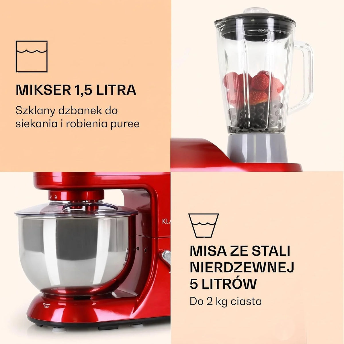 Klarstein Robot kuchenny z maszynką do mięsa, 1800W maszyna do ciasta Mała, 6 biegów, Trzepaczka, hak do mieszania i ugniatania, Mieszanie planetarne, Mikser z blenderem, Robot z misą 5L