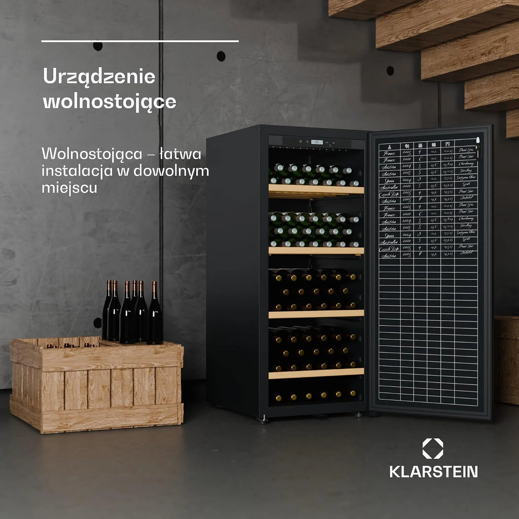 Klarstein CellarMax Lodówka do wina Wolnostojąca - 155 butelek, 5-20 °C, Dotykowe sterowanie, Metalowe drzwi, Drewniane półki, Alarm, Klasa energetyczna E, Duża lodówka do wina