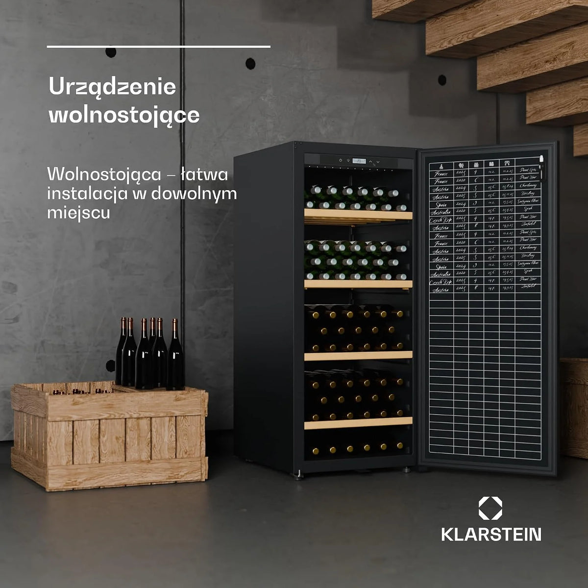 Klarstein CellarMax Lodówka do wina Wolnostojąca - 155 butelek, 5-20 °C, Dotykowe sterowanie, Metalowe drzwi, Drewniane półki, Alarm, Klasa energetyczna E, Duża lodówka do wina
