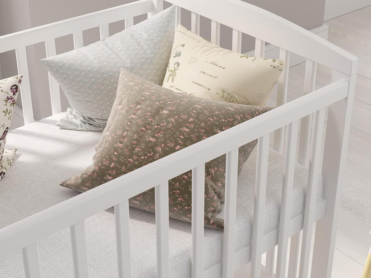 Cuna colecho Love For Sleep 120x60 cm con colchón de espuma, color blanco, modelo Jacob - Cuna de madera para bebé, cuna convertible, cama infantil con barrotes