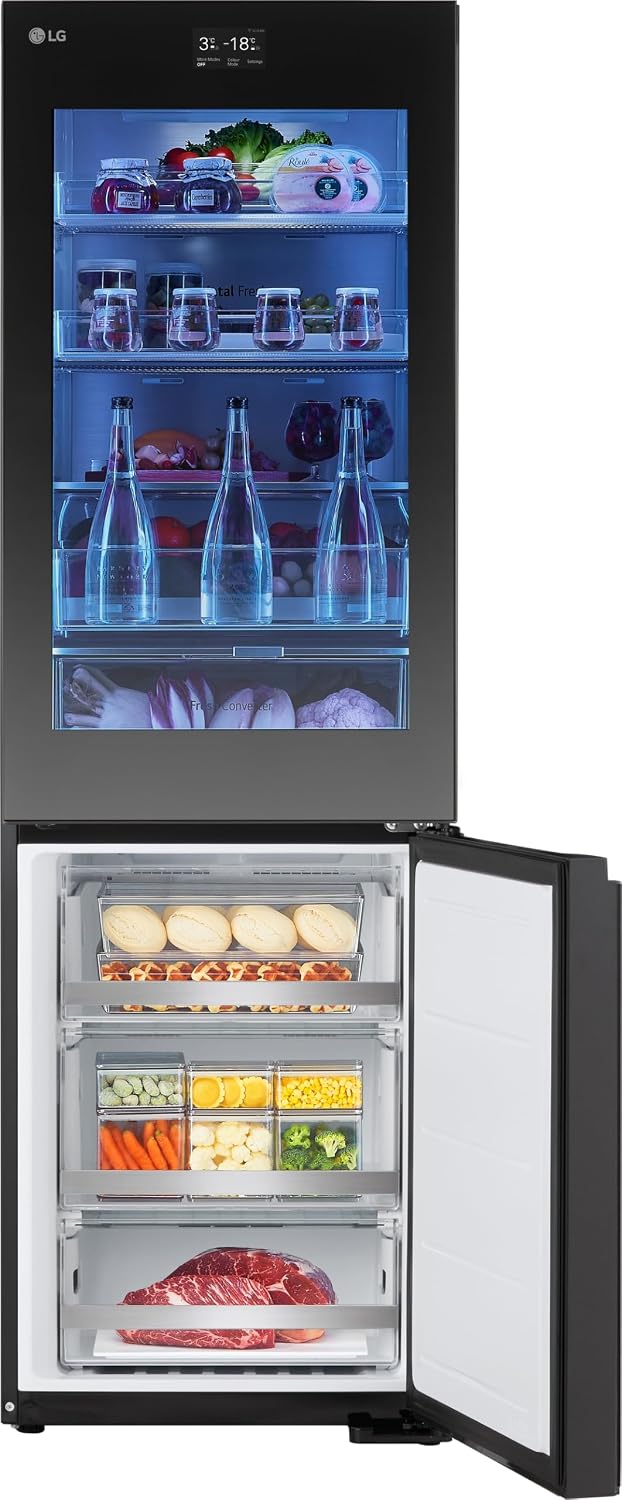 LG GBG7190CEV, Clase C, 349 L, frigorífico combinado con Instaview y LED, pantalla LCD táctil, cambio de color ajustable, Total NoFrost, DoorCooling+, 59.5 x 67.6 x 186 cm ꟷ Essence Black Steel