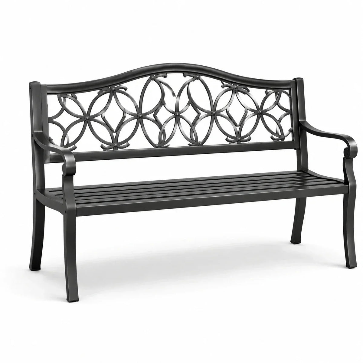 Banco de jardín de metal con diseño decorativo negro 120 cm
