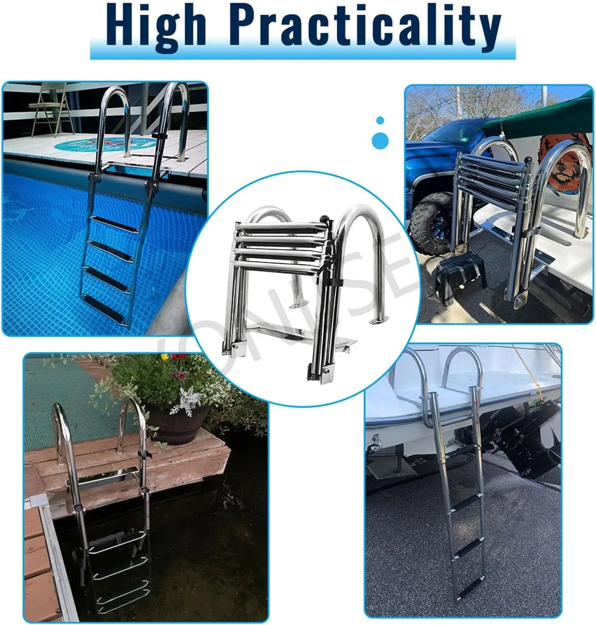 Escalera de piscina de acero inoxidable plegable de 4 peldaños, extensible, altura de piscina de 120-150 cm, peldaños antideslizantes, pasamanos, capacidad de carga de 220 kg