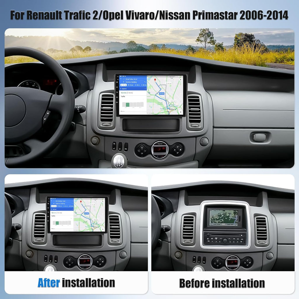 Autorradio OiLiehu 2G+64G Android 13 para Renault Trafic 2, Opel Vivaro A, Nissan Primastar 2006-2014 con CarPlay y Android Auto inalámbricos, pantalla táctil de 10,1", GPS, WiFi, Bluetooth, FM/RDS, ecualizador, mandos al volante y cámara.