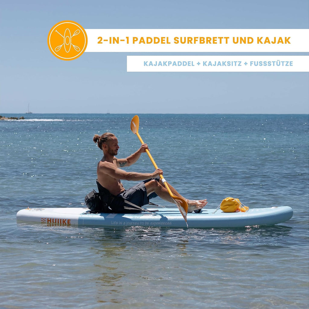 Tabla de Stand Up Paddle HUIIKE con accesorios, remo, aletas, correa, bomba y mochila. Tabla de SUP inflable de gran estabilidad y resistencia. Convertible en kayak, 305-365 cm, soporta 130-170 kg.
