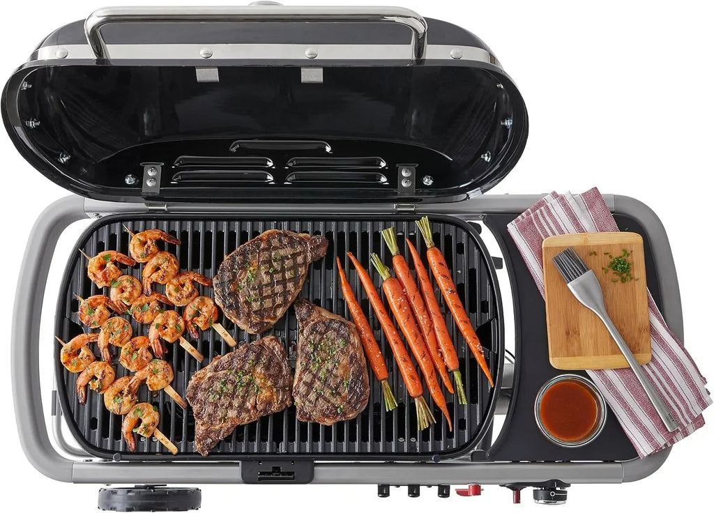 Barbacoa de gas portátil Traveler con soporte plegable y ruedas, quemador de 3,8 kW, superficie de cocción de 2065 cm² y termómetro en la tapa