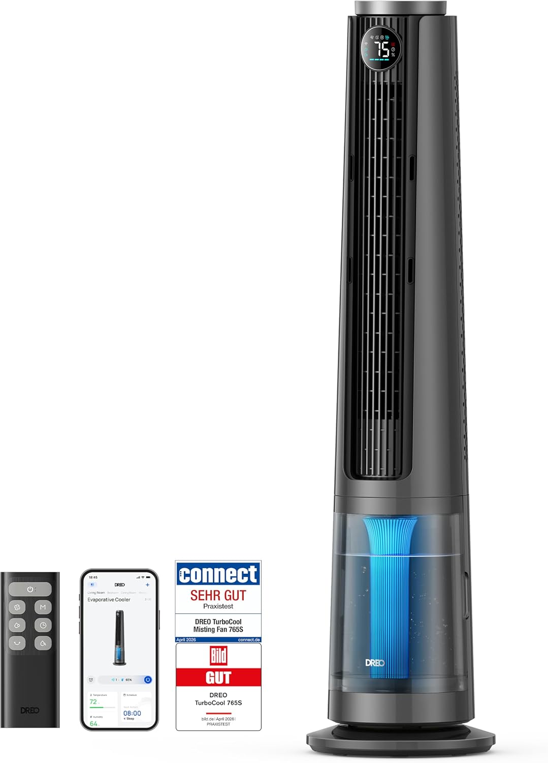 DREO TurboCool ventilador nebulizador 765S, ventilador de torre 3 en 1 con ultrasonido, control por Wi-Fi y aplicación, depósito de 6 L, flujo de aire de 10,4 m/s, motor de CC silencioso de 20 dB, oscilación de 90°, 12 velocidades, 4 modos