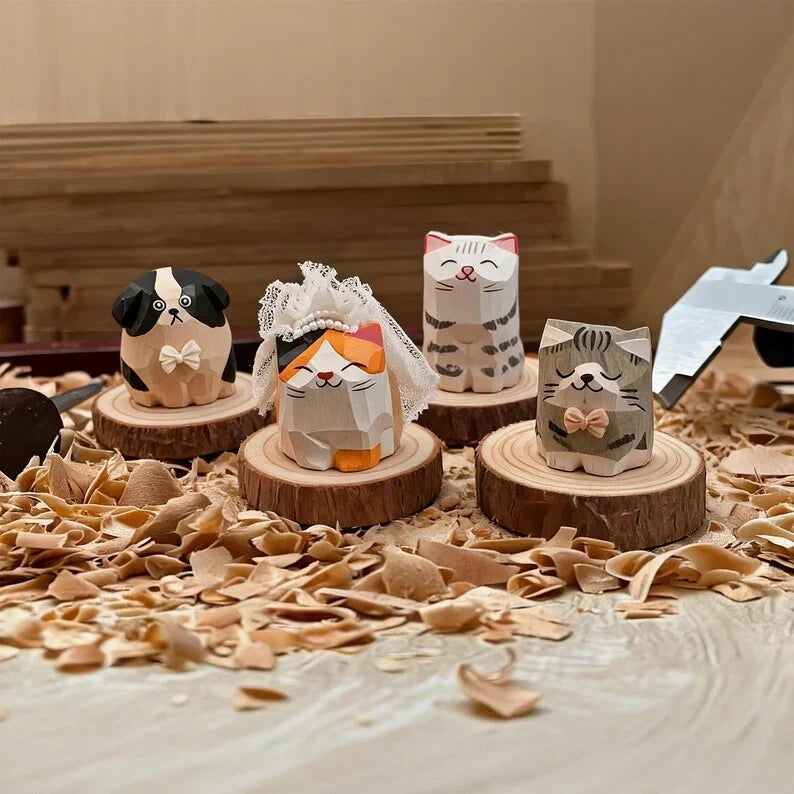 Adornos de madera tallados a mano de gatos y perros, decoración rústica para el hogar estilo bohemio de granja para escritorio