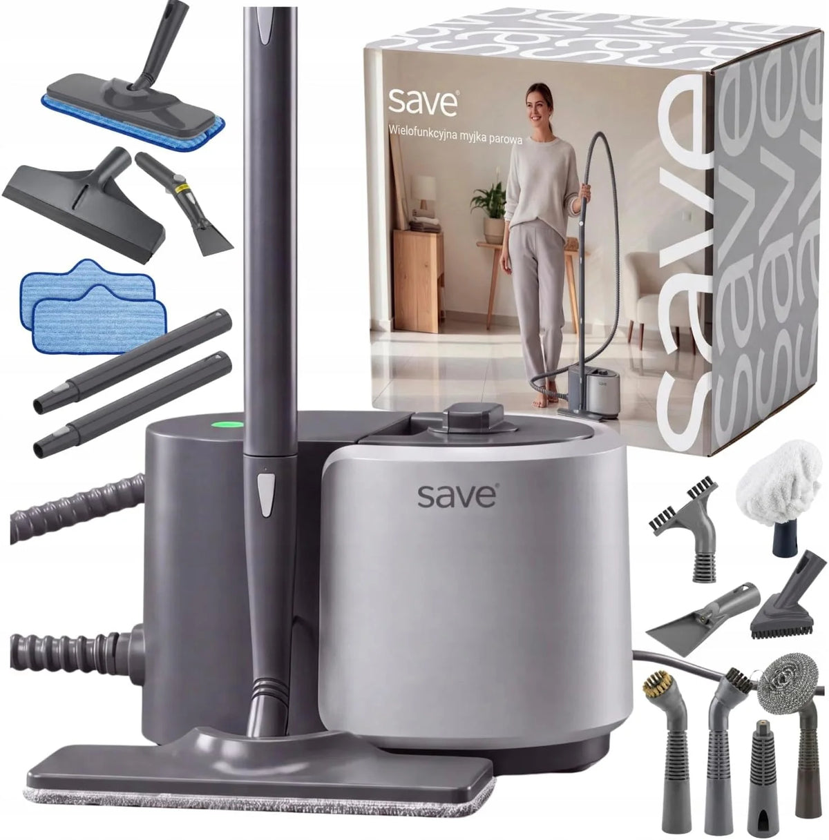 SAVE Myjka parowa 2000 W 2 w 1 z ręczną myjką parową, 4 bary, zbiornik na wodę 1,5 l, gorąca para 135°C, 13-częściowy zestaw akcesoriów do podłóg, płytek, okien, łazienki i kuchni